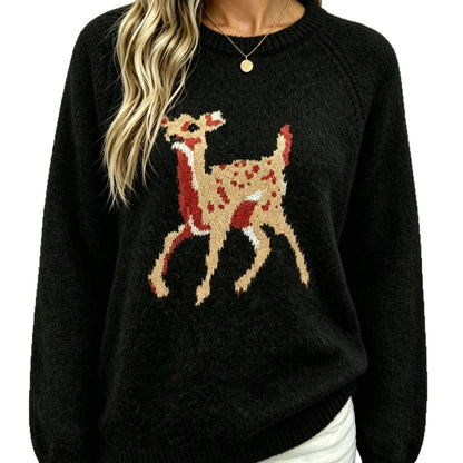 Women's Cute Deer Crewneck Knit Pullover Sweater