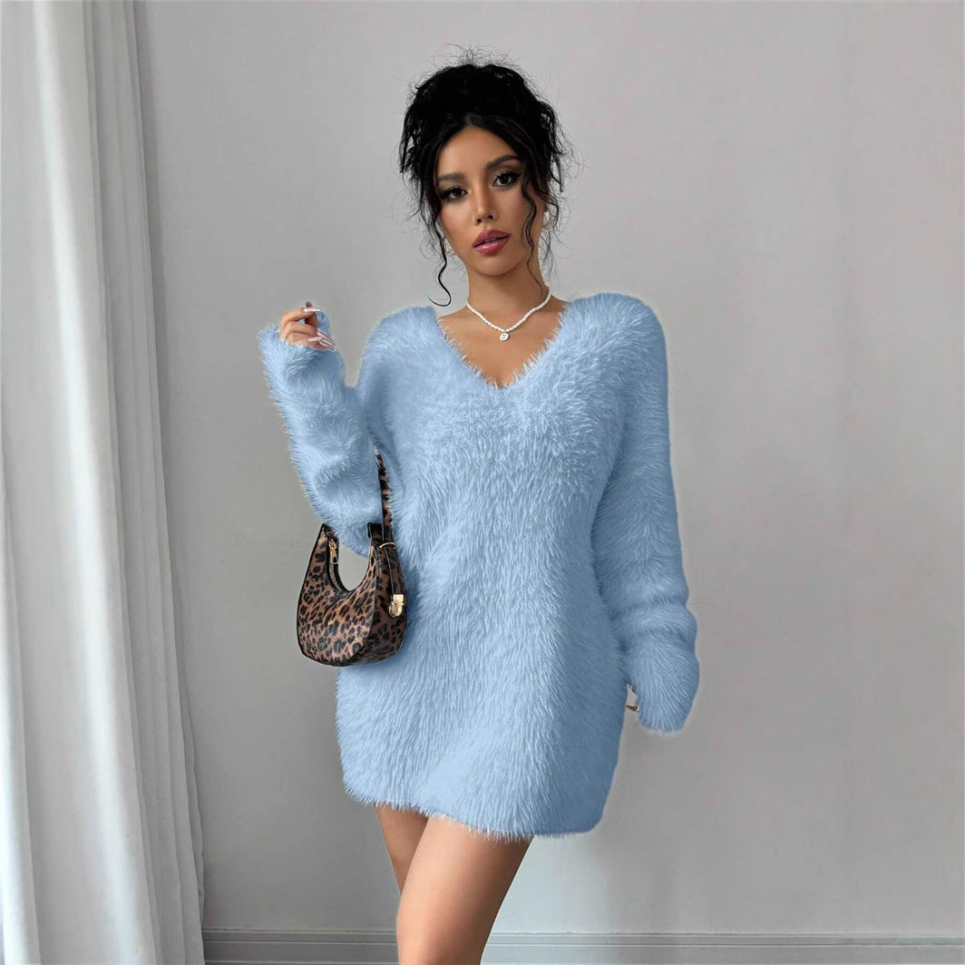 Women's Fuzzy V-Neck Oversized Sweater Dress Pullover