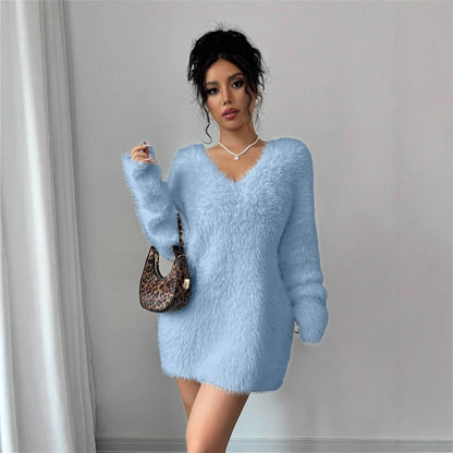 Women's Fuzzy V-Neck Oversized Sweater Dress Pullover