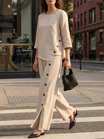 Women's Linen Cotton 2 Piece Set Wide Leg Pants Summer
