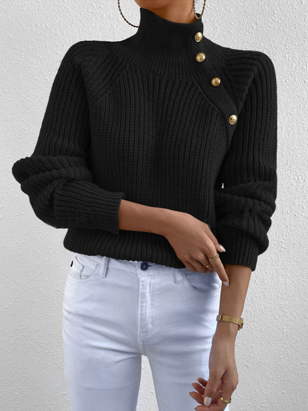 Women's Mock Neck Button Ribbed Pullover Sweater