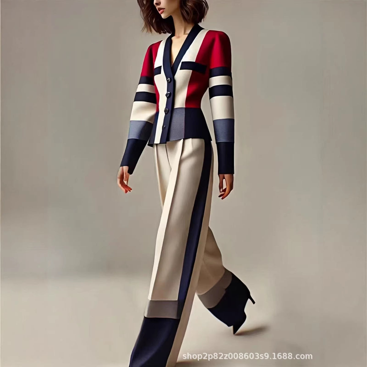 Women's Colorblock Geometric Cardigan Wide Leg Pants Set