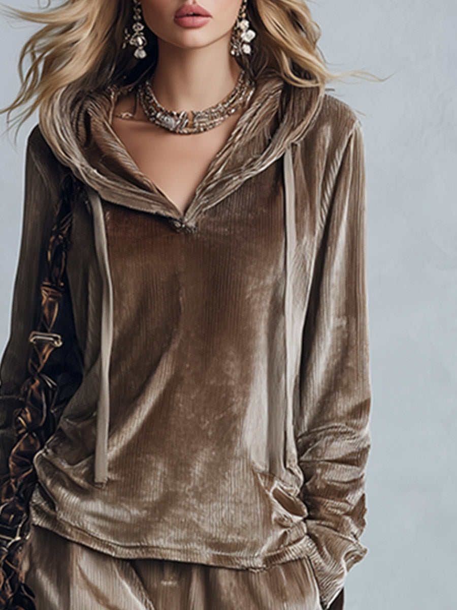 Women's Velvet Hoodie Cargo Pants Two Piece Set