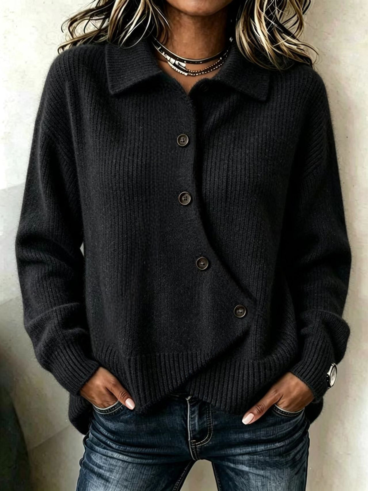 Women's Oversized Collared Asymmetrical Knit Cardigan