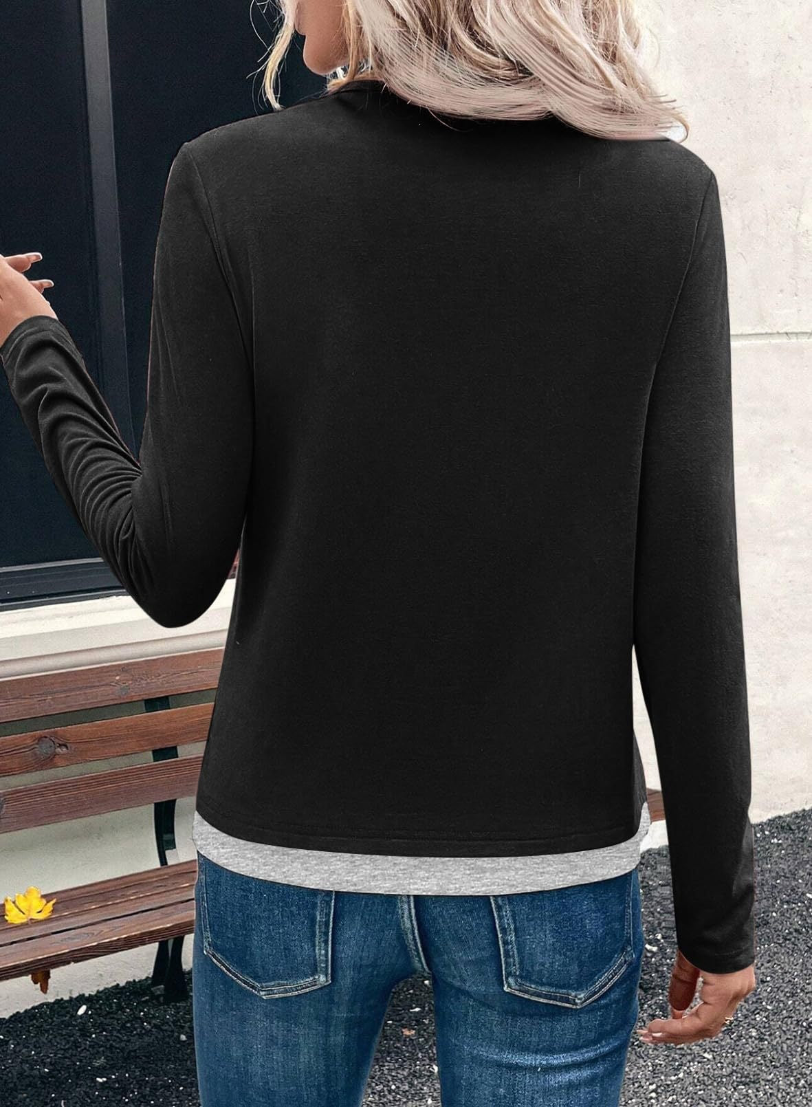 Color block layered look top split neck long sleeve