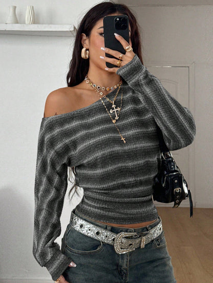 Off Shoulder Striped Knit Top Long Sleeve Trendy Sweater