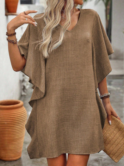 Flowy V-Neck Ruffle Sleeve Summer Dress Loose Fit