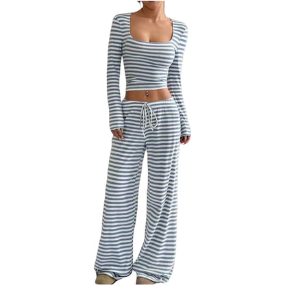 Striped Polyester T-Shirt & High-Waist Wide Leg Pants Set