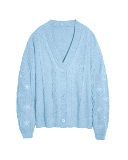 Oversized Cable Knit Star Embroidered Cardigan Sweater