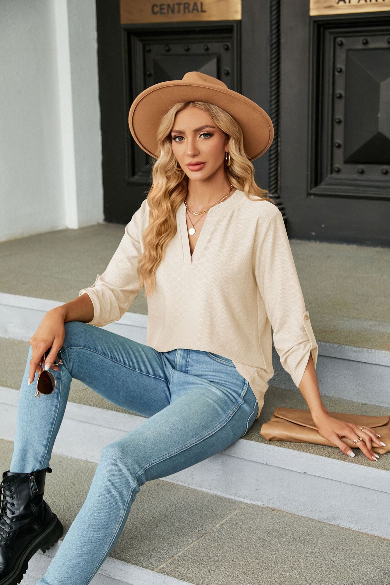 Womens V Neck 3/4 Sleeve Button Loose Tunic Top