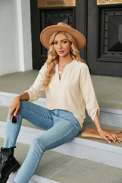 Womens V Neck 3/4 Sleeve Button Loose Tunic Top