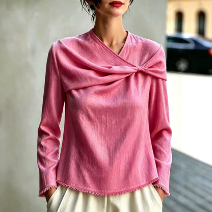 Women's Cotton Linen Cowl Neck Long Sleeve Blouse