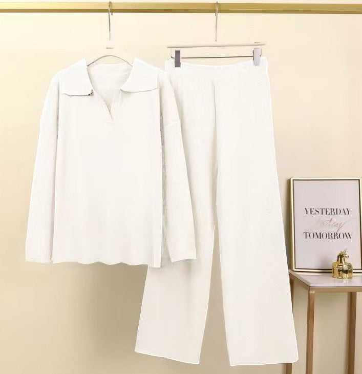 Women's Two Piece Knit Polo Sweater Wide Leg Pants Set