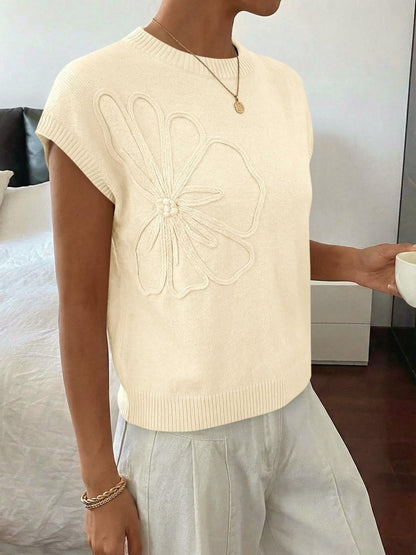 Floral Knit Sweater Short Sleeve Textured Summer Top