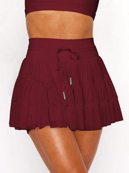 Solid Pleated Skort High Waist Ruffle Tiered Mini