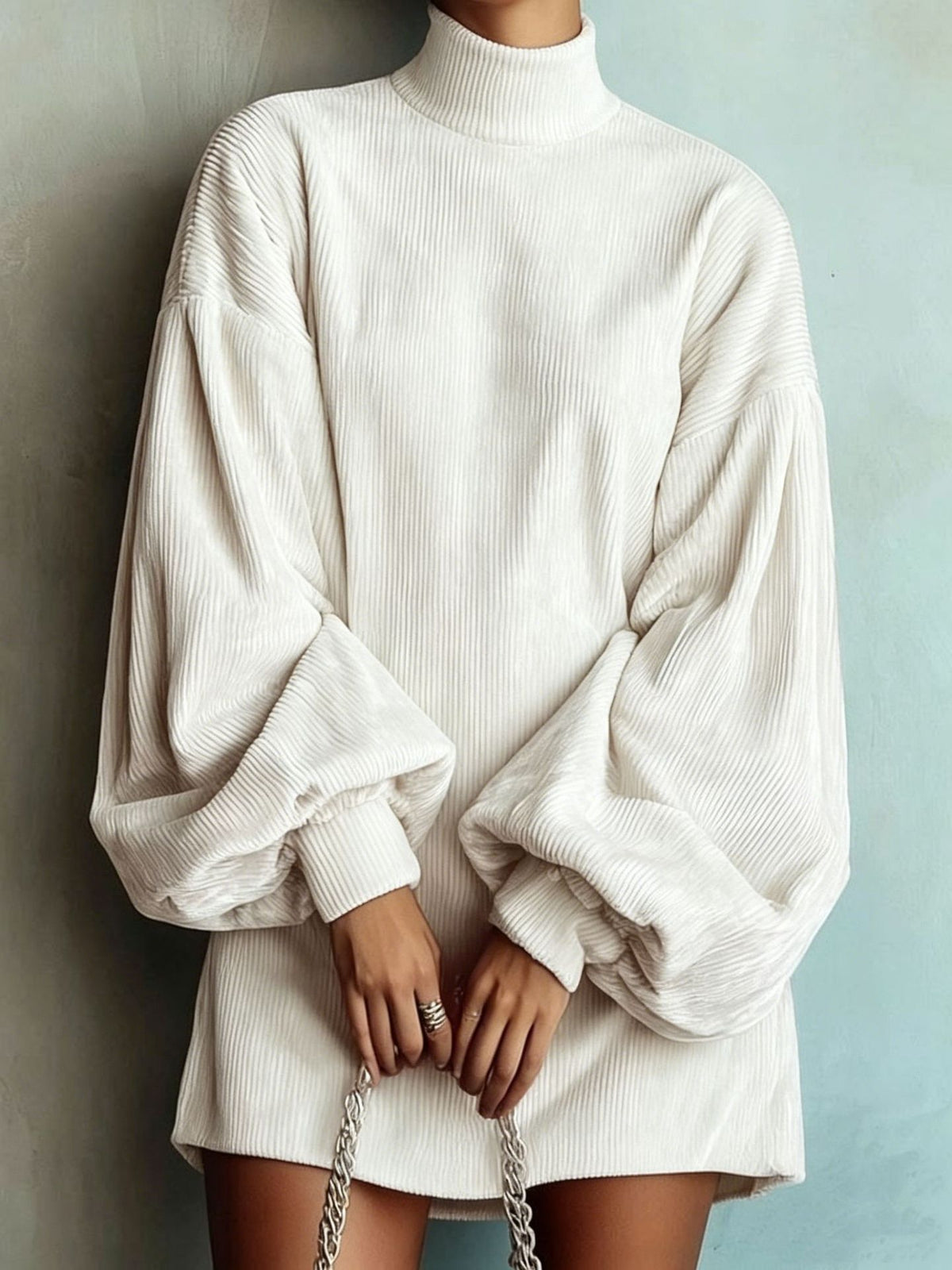 Women's Mock Neck Balloon Sleeve Mini Dress