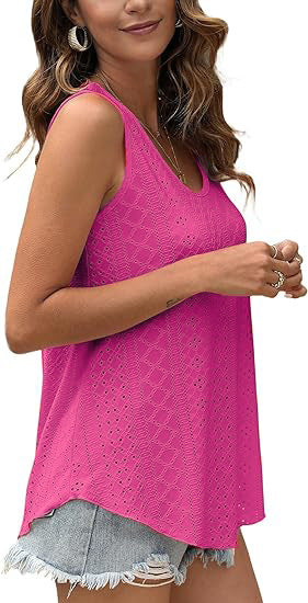 Eyelet Knit Tank Top Sleeveless Loose Fit Summer Top