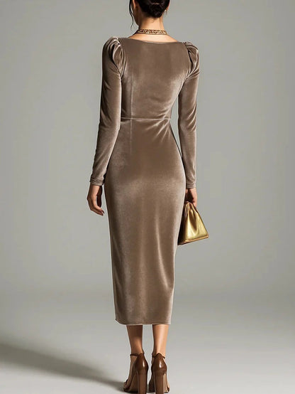 Sexy Velvet Ruched Long Sleeve Bodycon Midi Slit Dress