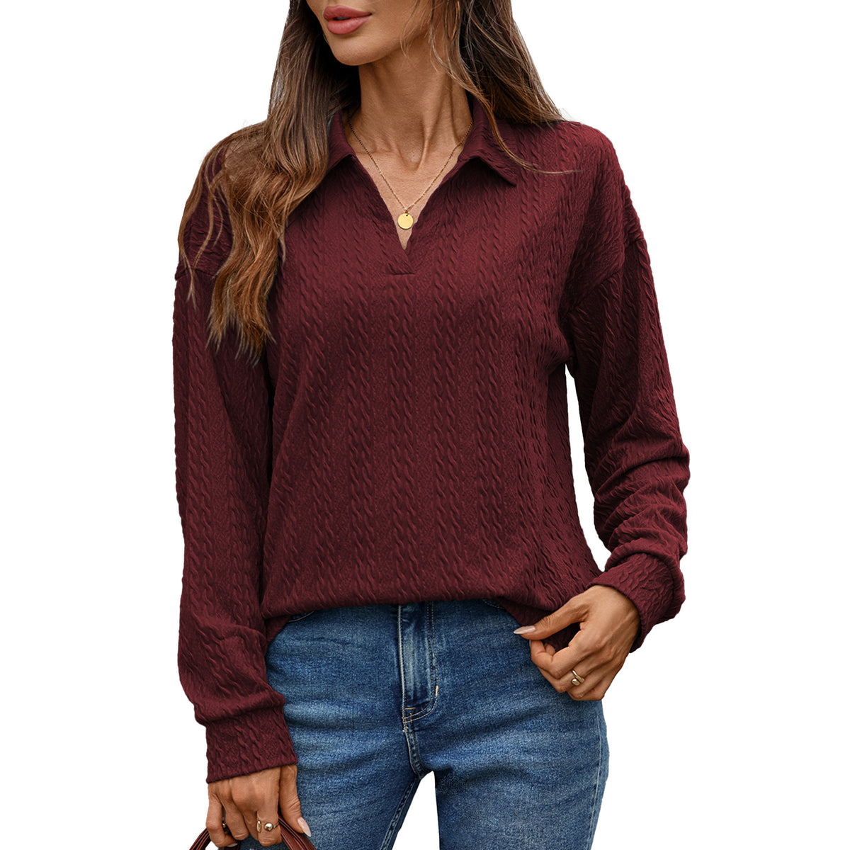 Women's Textured Collared Sweatshirt Long Sleeve Pullover