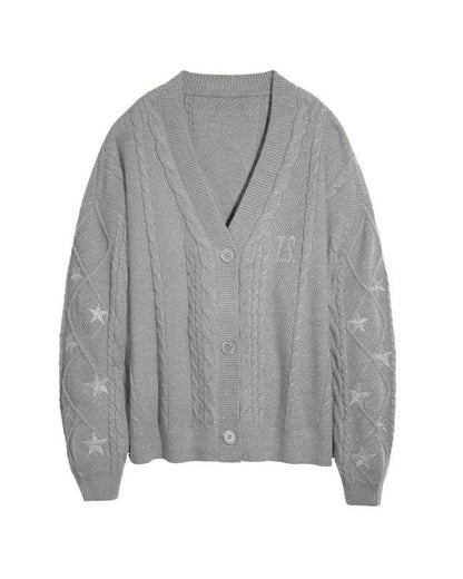 Oversized Cable Knit Star Embroidered Cardigan Sweater