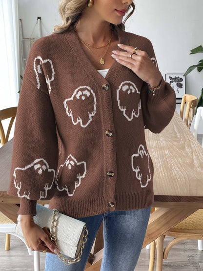 Halloween Ghost Print V-Neck Cardigan | Cozy Knit Sweater