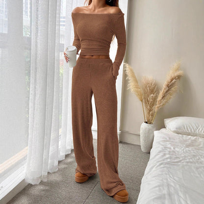 Women's Ribbed Knit Boat Neck Top Wide Leg Pants Set