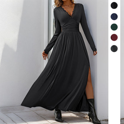 Lace V-Neck Long Sleeve Slit A-Line Maxi Dress