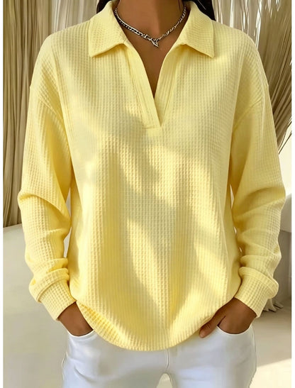 Waffle Knit Collared V Neck Long Sleeve Oversized Tunic Top