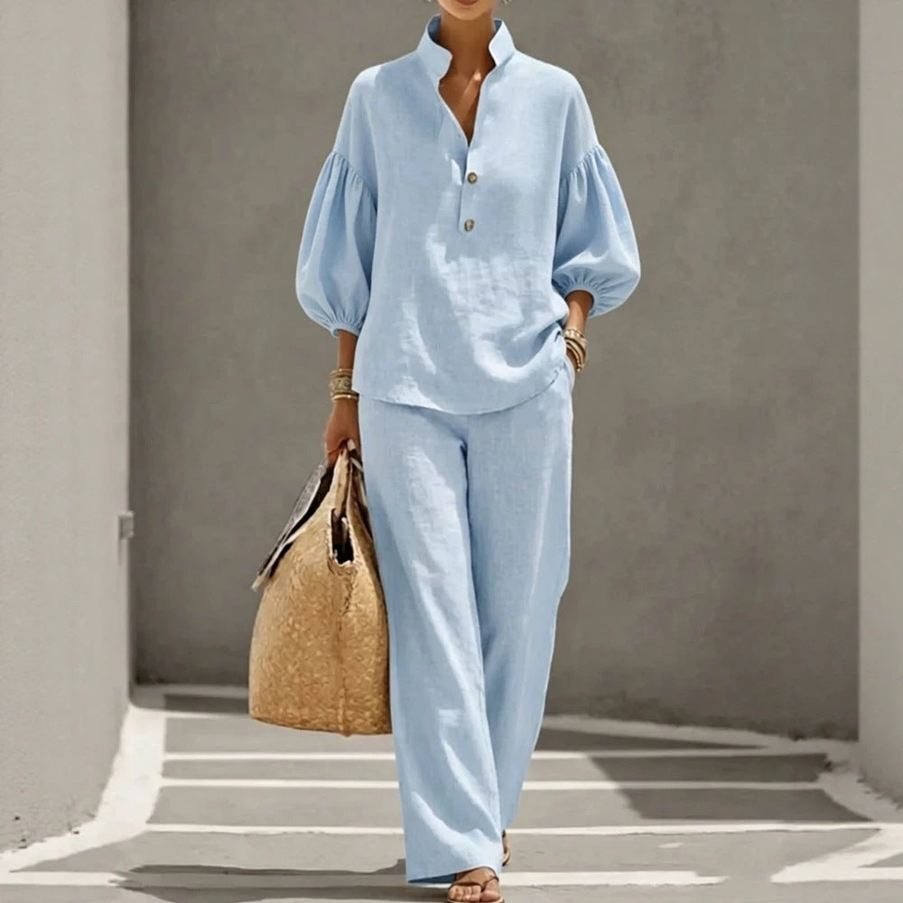 Cotton Puff Sleeve Mandarin Shirt Wide Leg Pants Set