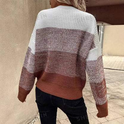 Womens Color Block Crew Neck Oversized Knit Sweater