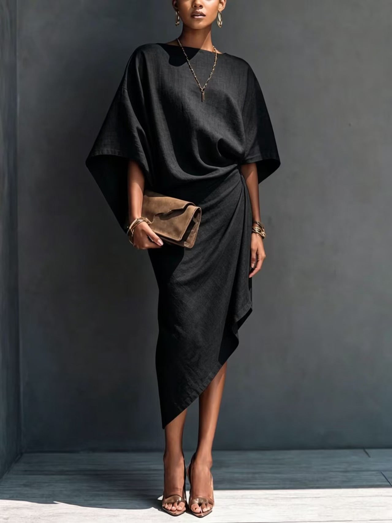 Women's Batwing Sleeve Solid Asymmetrical Midi Dress