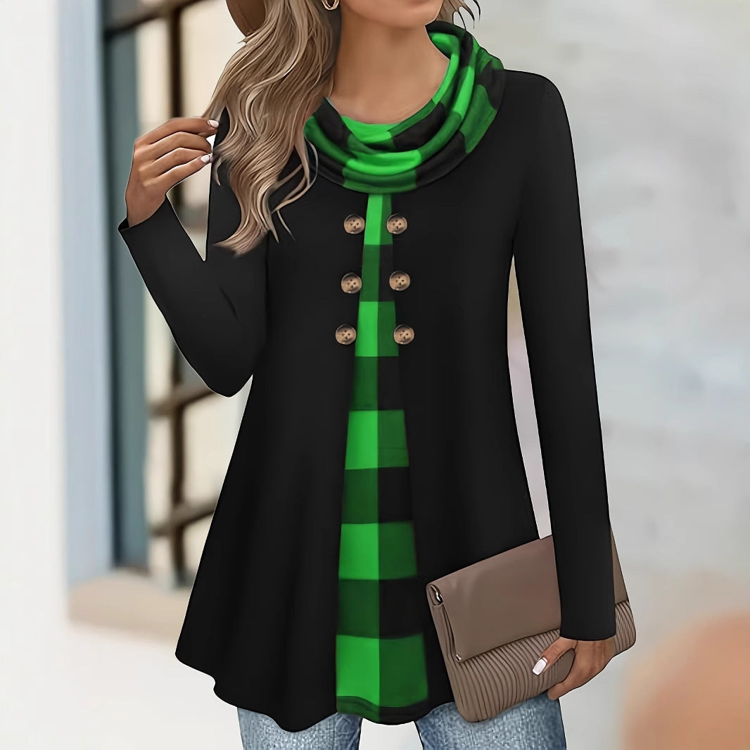 Women's Plaid Cowl Neck Tunic Sweatshirt Buttons
