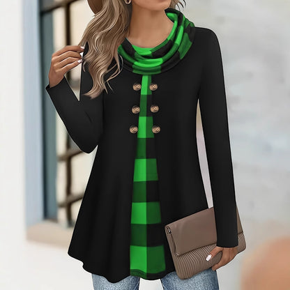 Women's Plaid Cowl Neck Tunic Sweatshirt Buttons
