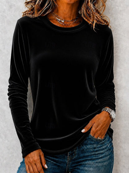Women's Velvet Long Sleeve Top Casual Round Neck Blouse