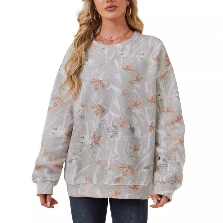Women's Oversized Leaf Print Crewneck Sweatshirt