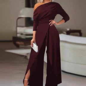 Elegant One Shoulder Wide Leg Jumpsuit Formal Party