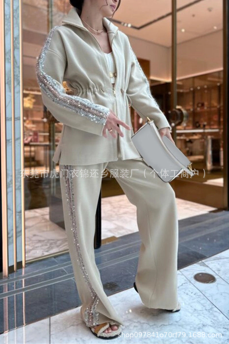 Women's Sequin Drawstring Wide Leg Pants Two Piece Set