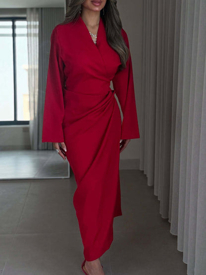 Women's Ruched V Neck Long Sleeve Red Midi Dress