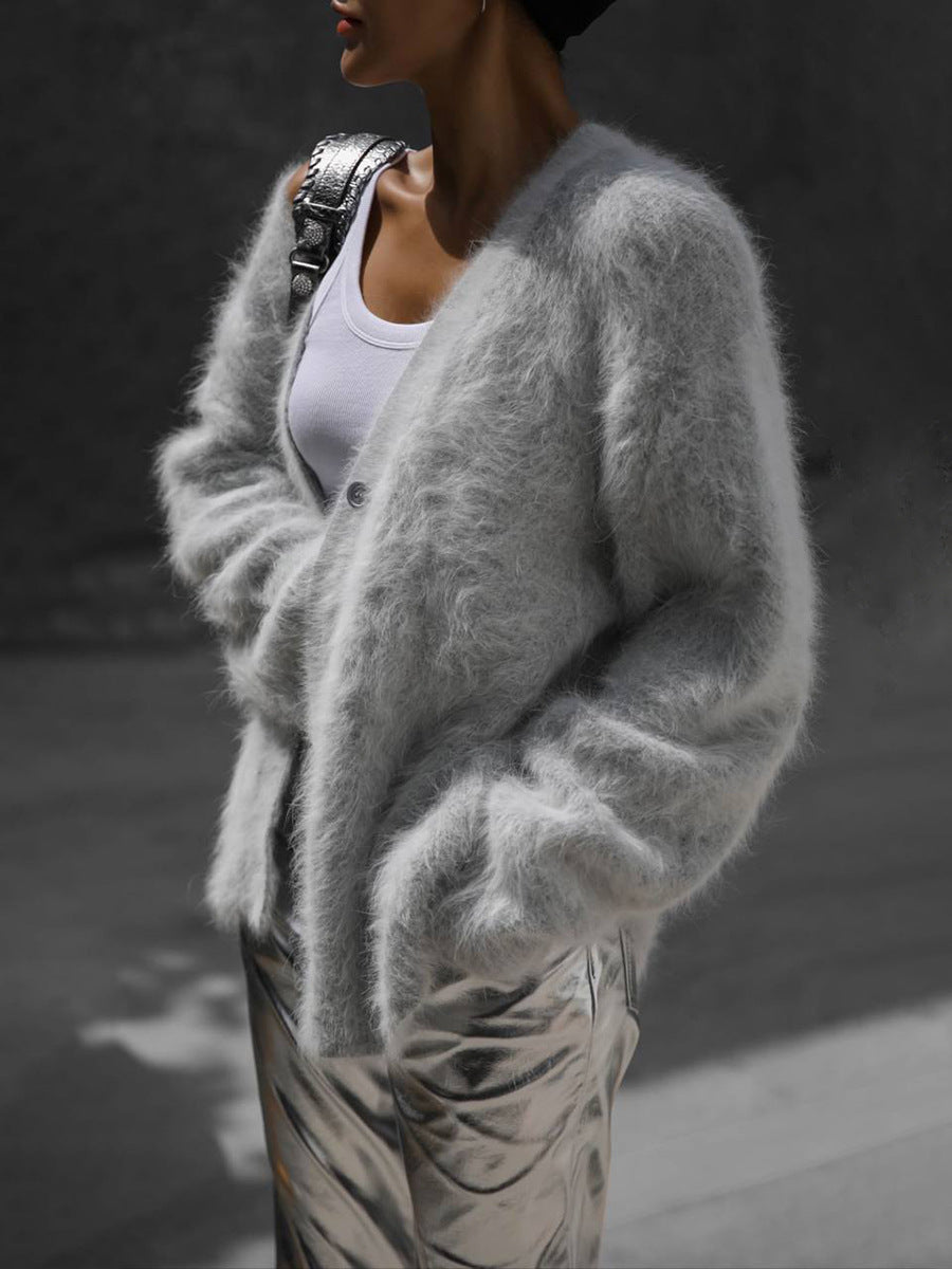 Pink Faux Mink Knit Oversized Cardigan Soft Fluffy Sweater