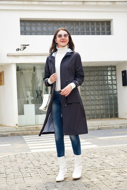Women's Long Hooded Rain Jacket Waterproof Lightweight Coat