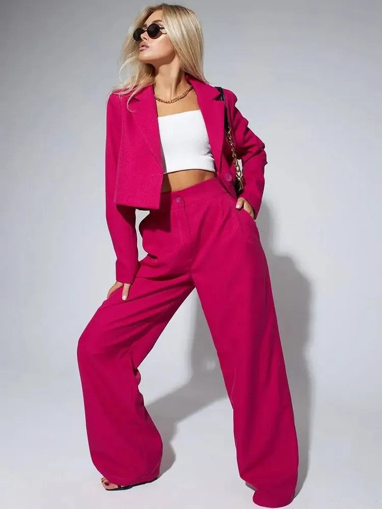Women's Cropped Blazer Wide Leg Pants 2 Piece Set