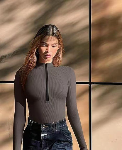 Sexy Long Sleeve Ribbed Zip Front Mock Neck Bodysuit