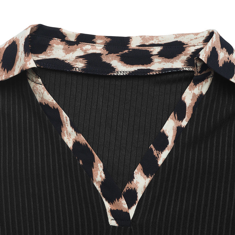 Ribbed Bodysuit Leopard Collar Long Sleeve Fitted Top