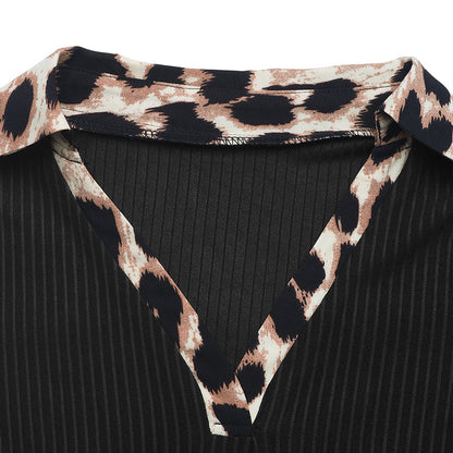 Ribbed Bodysuit Leopard Collar Long Sleeve Fitted Top