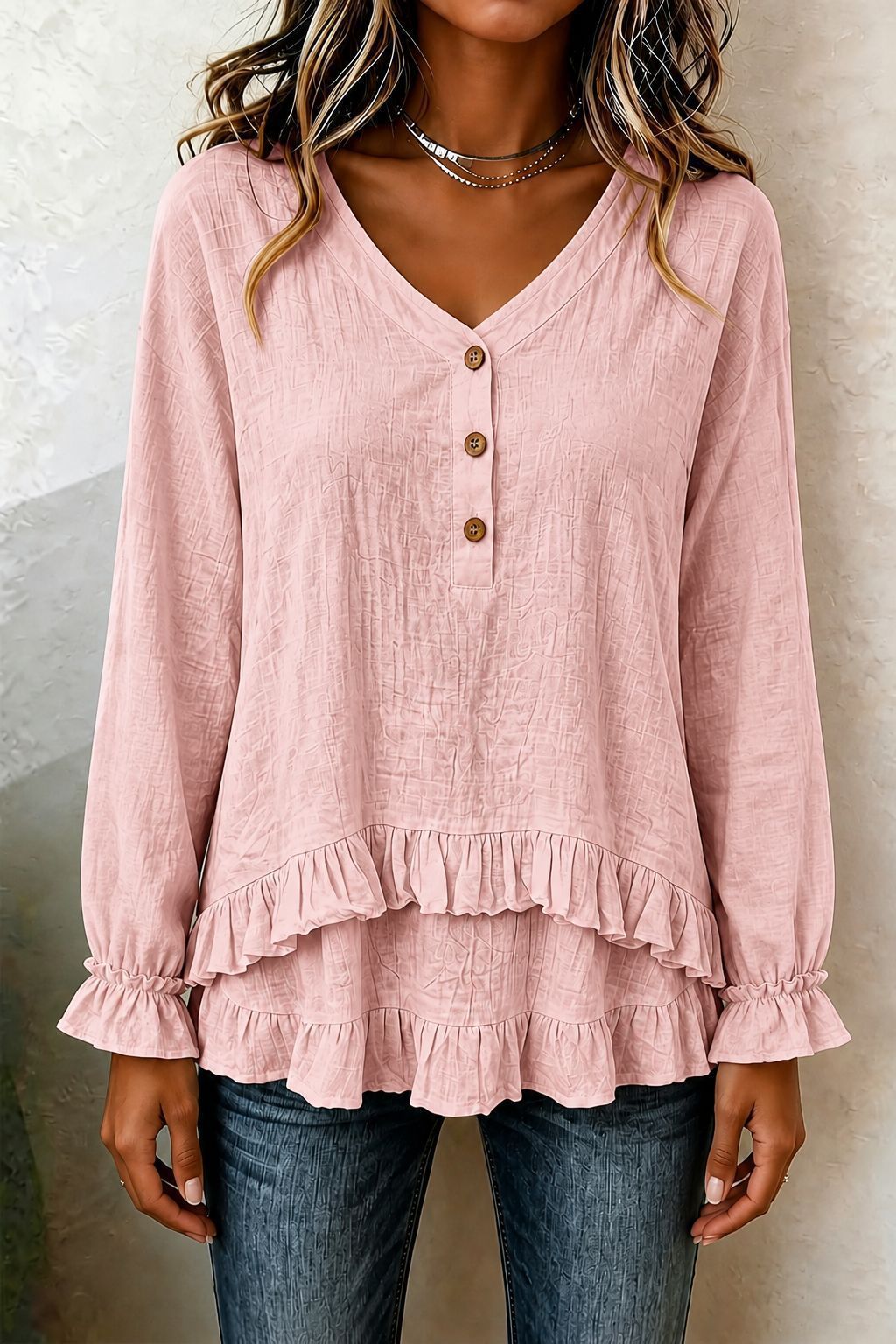 Women's V Neck Ruffle Long Sleeve Tiered Blouse