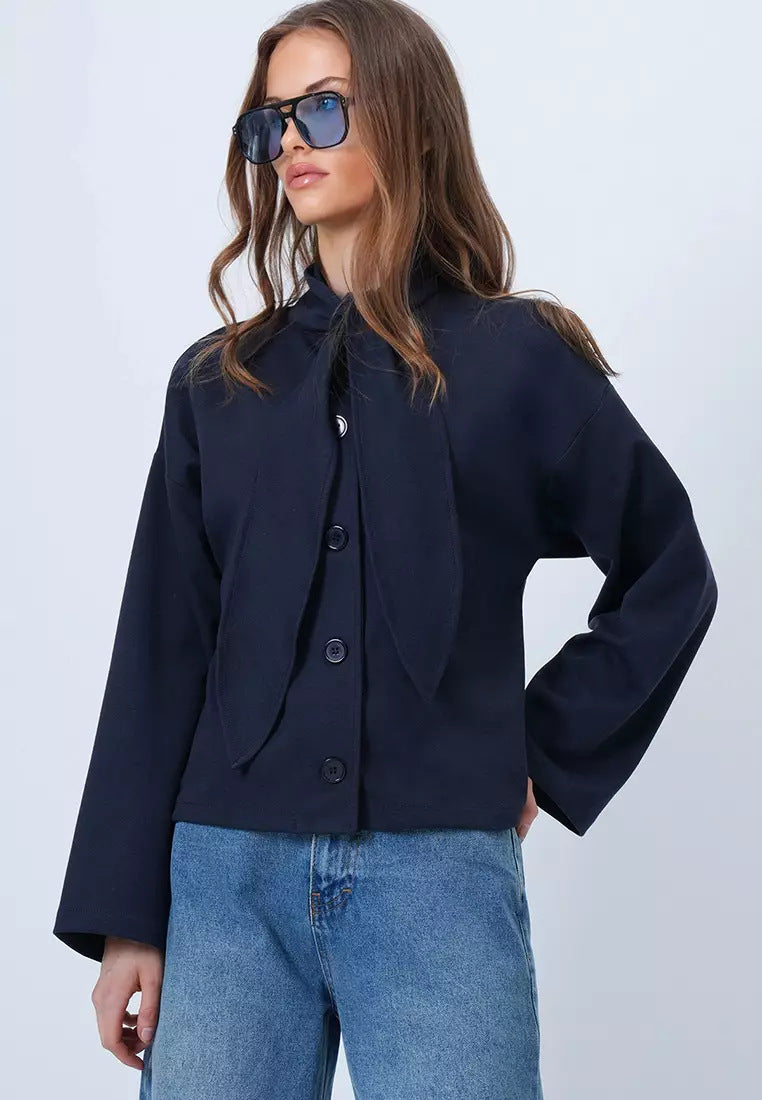 Women's Tie Neck Button Front Long Sleeve Top