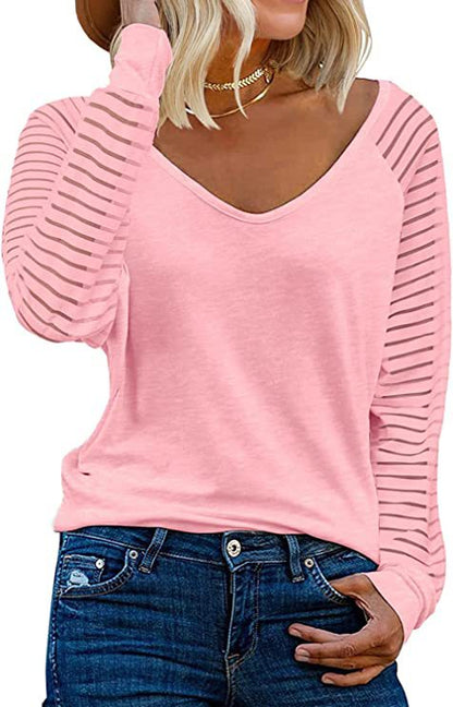 Striped Sleeve V Neck Cotton Long Sleeve Top