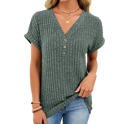 Ribbed Button V-Neck Top – Relaxed Fit Casual Summer Tee