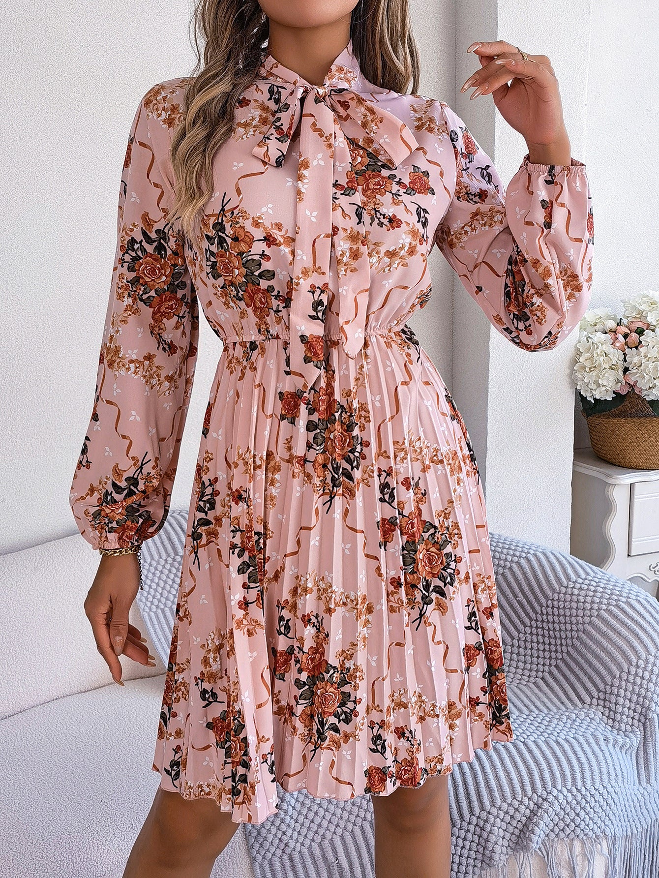 Floral Tie Neck Long Sleeve Pleated Midi Dress