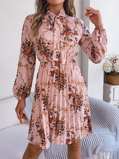 Floral Tie Neck Long Sleeve Pleated Midi Dress
